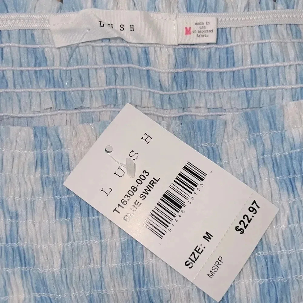 LUSH Blue and White Swirl Smocked Short Puff Sleeve Crop Top NEW Size M - Picture 10 of 12